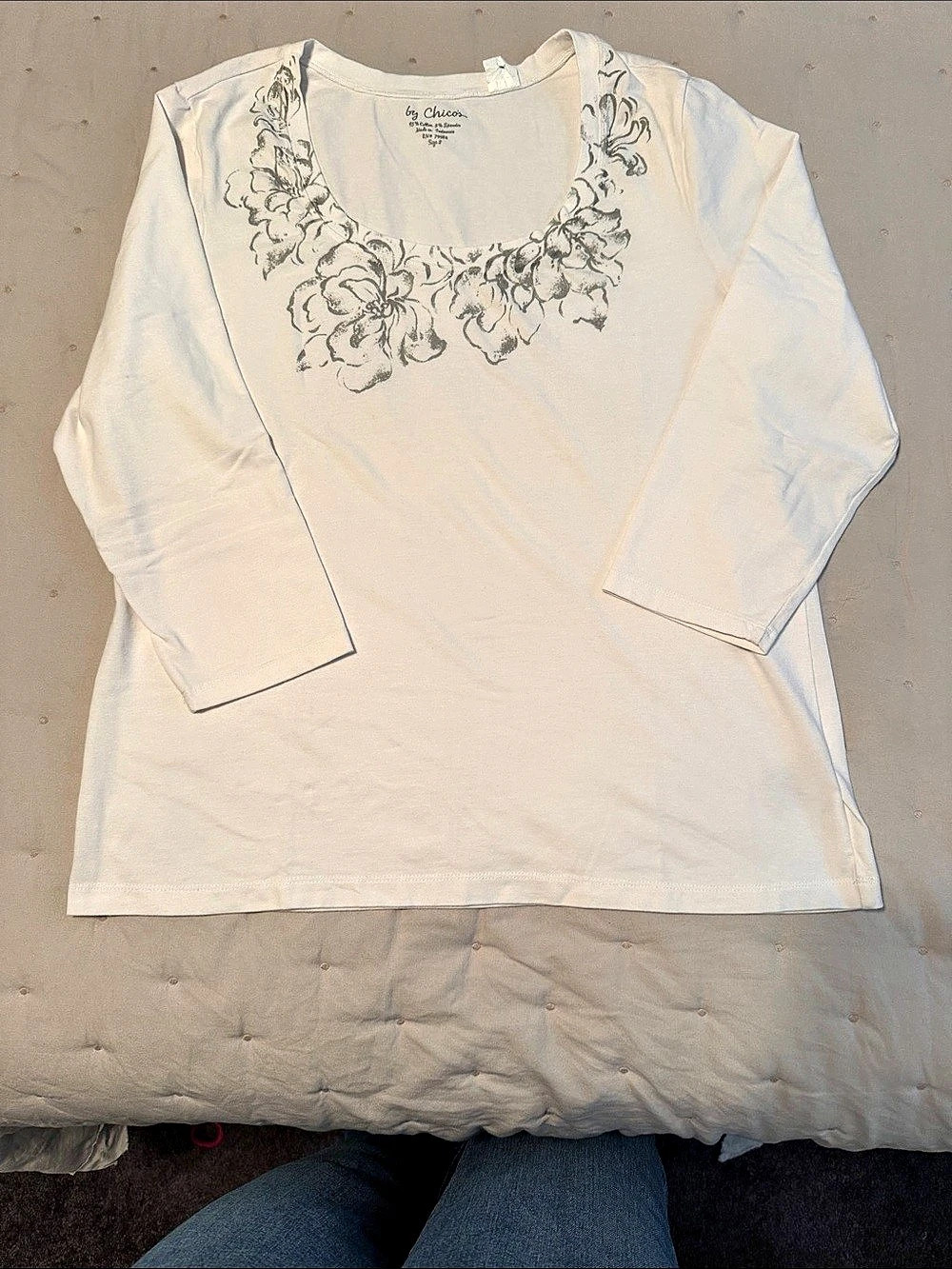 Chico's Cotton Stretch 3/4 Sleeve Floral Neck Tee Floral Long Sleeve Top Size 2